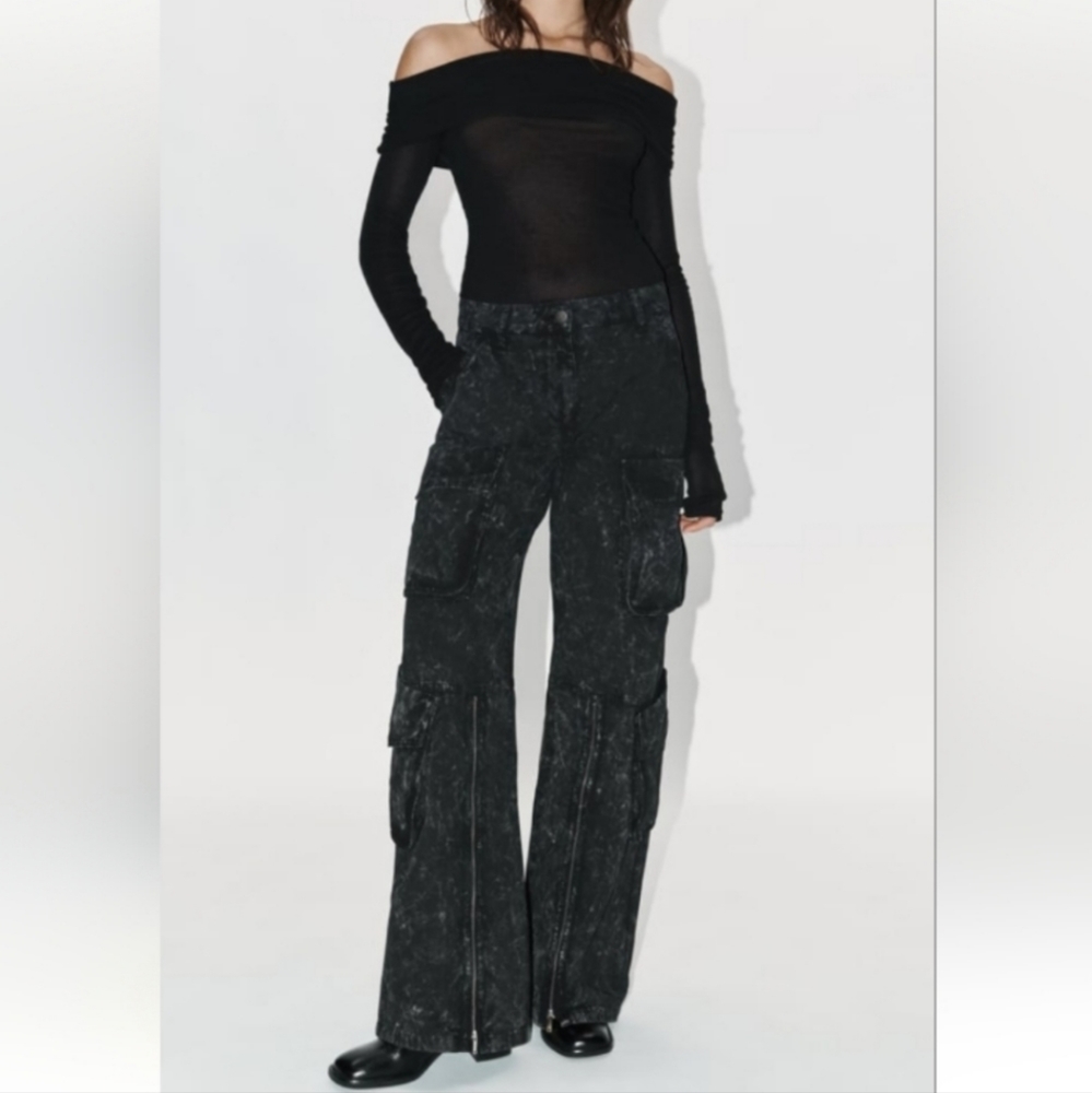 Zara Signature Denim Relaxed Utility Pant in Marble Black